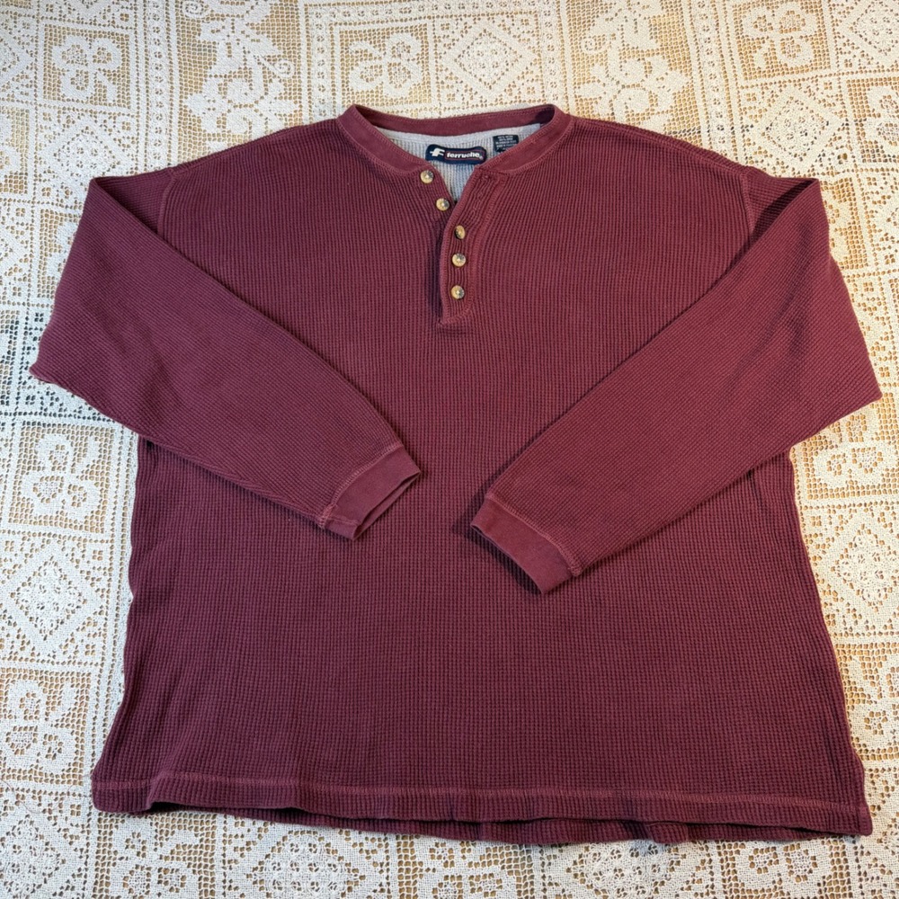 Ferruche Waffle Knit Henley Burgundy Maroon Long Sleeve Size L Y2K Streetwear